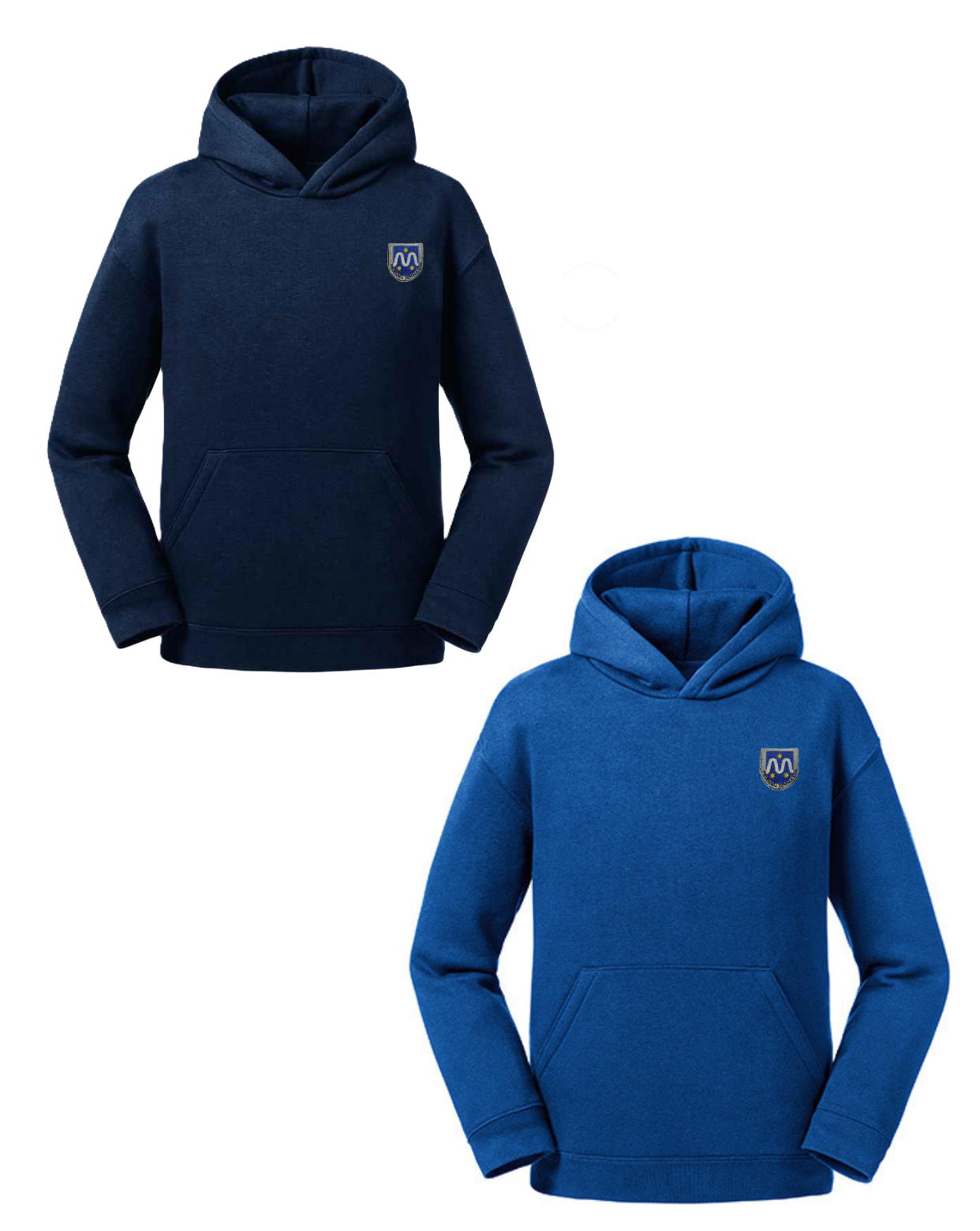 Trikotažinis džemperis su gobtuvu ir mokyklos emblema