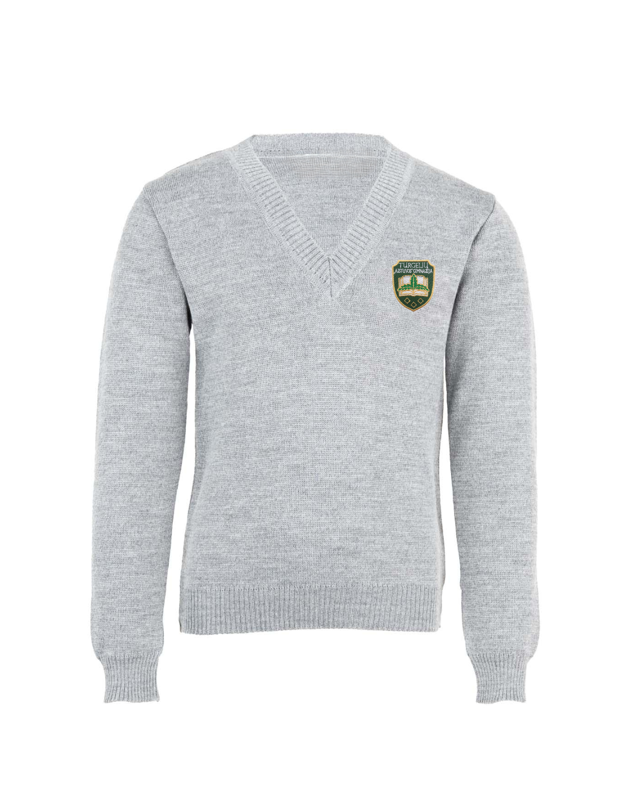 Megztinis V-formos apykakle su mokyklos emblema