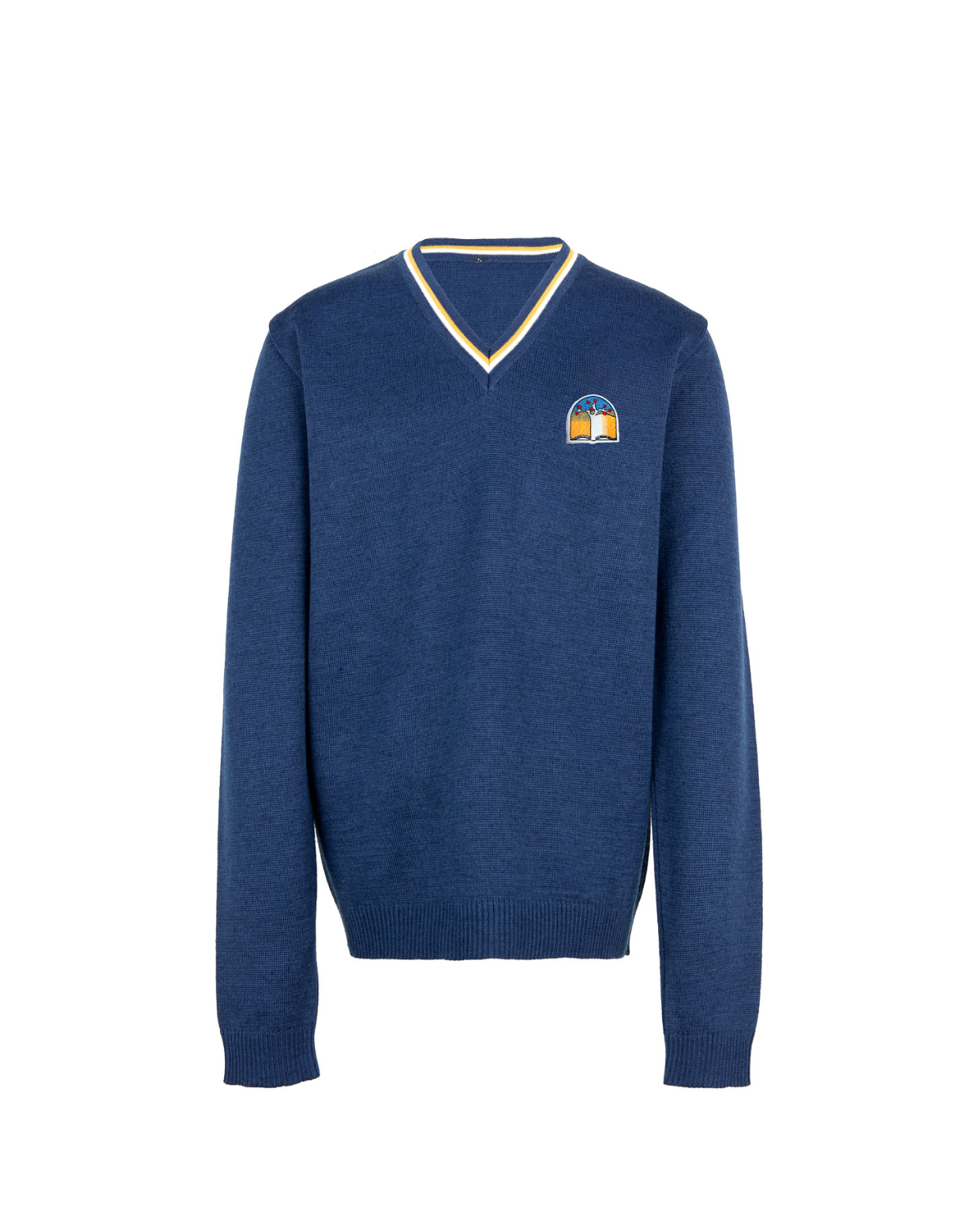 Megztinis V-formos apykakle su mokyklos emblema