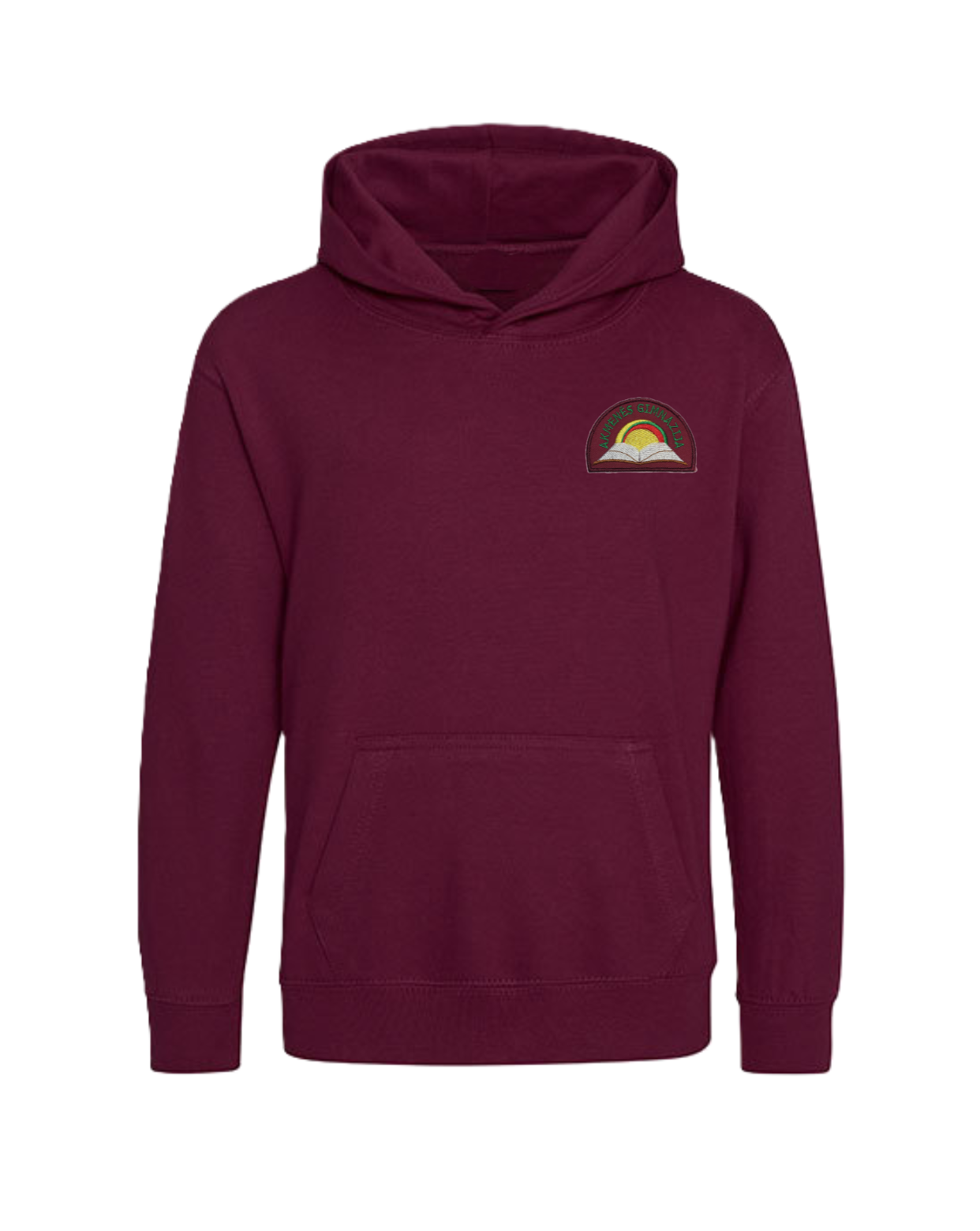 Trikotažinis sportinio tipo džemperis su gobtuvu ir mokyklos emblema