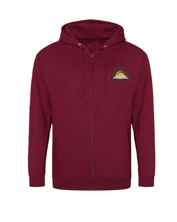 Trikotažinis sportinio tipo džemperis su užtrauktuku ir mokyklos emblema