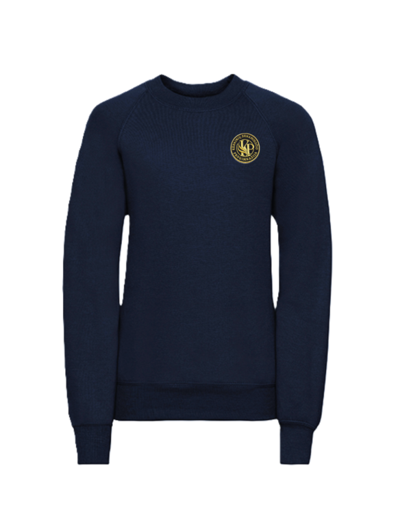 Trikotažinis džemperis be gobtuvo su mokyklos emblema