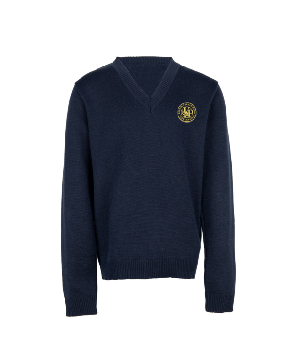 Megztinis V-formos apykakle su mokyklos emblema