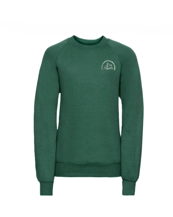 Trikotažinis džemperis be gobtuvo su mokyklos emblema