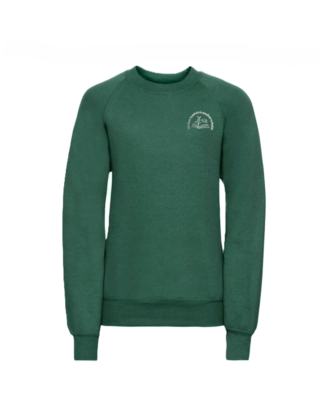 Trikotažinis džemperis be gobtuvo su mokyklos emblema