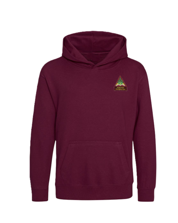 Trikotažinis sportinio tipo džemperis su gobtuvu ir mokyklos emblema