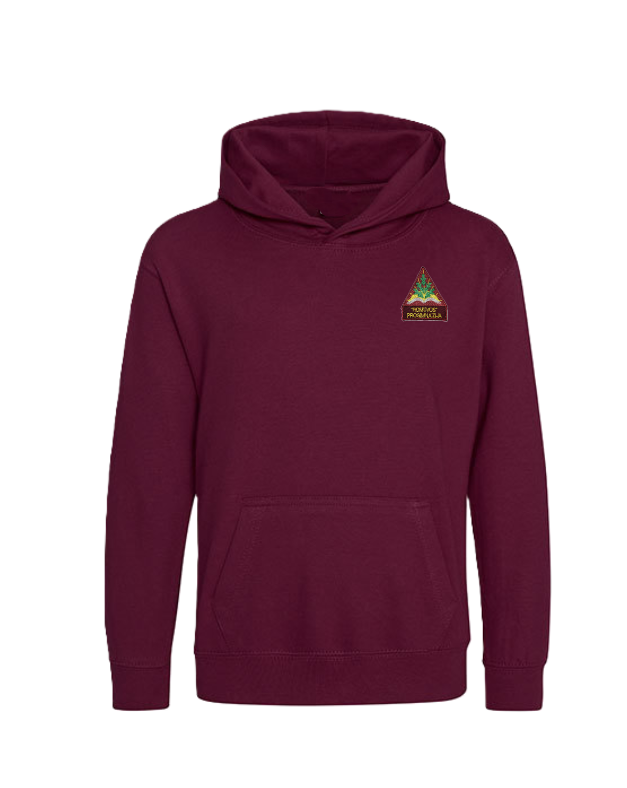 Trikotažinis sportinio tipo džemperis su gobtuvu ir mokyklos emblema