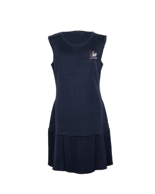 Klostuotas sarafanas su mokyklos emblema