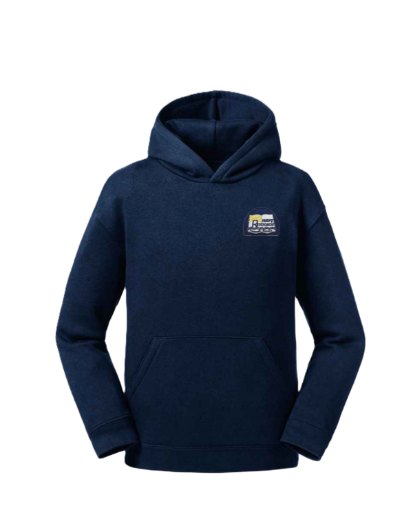 Trikotažinis džemperis su gobtuvu ir mokyklos emblema