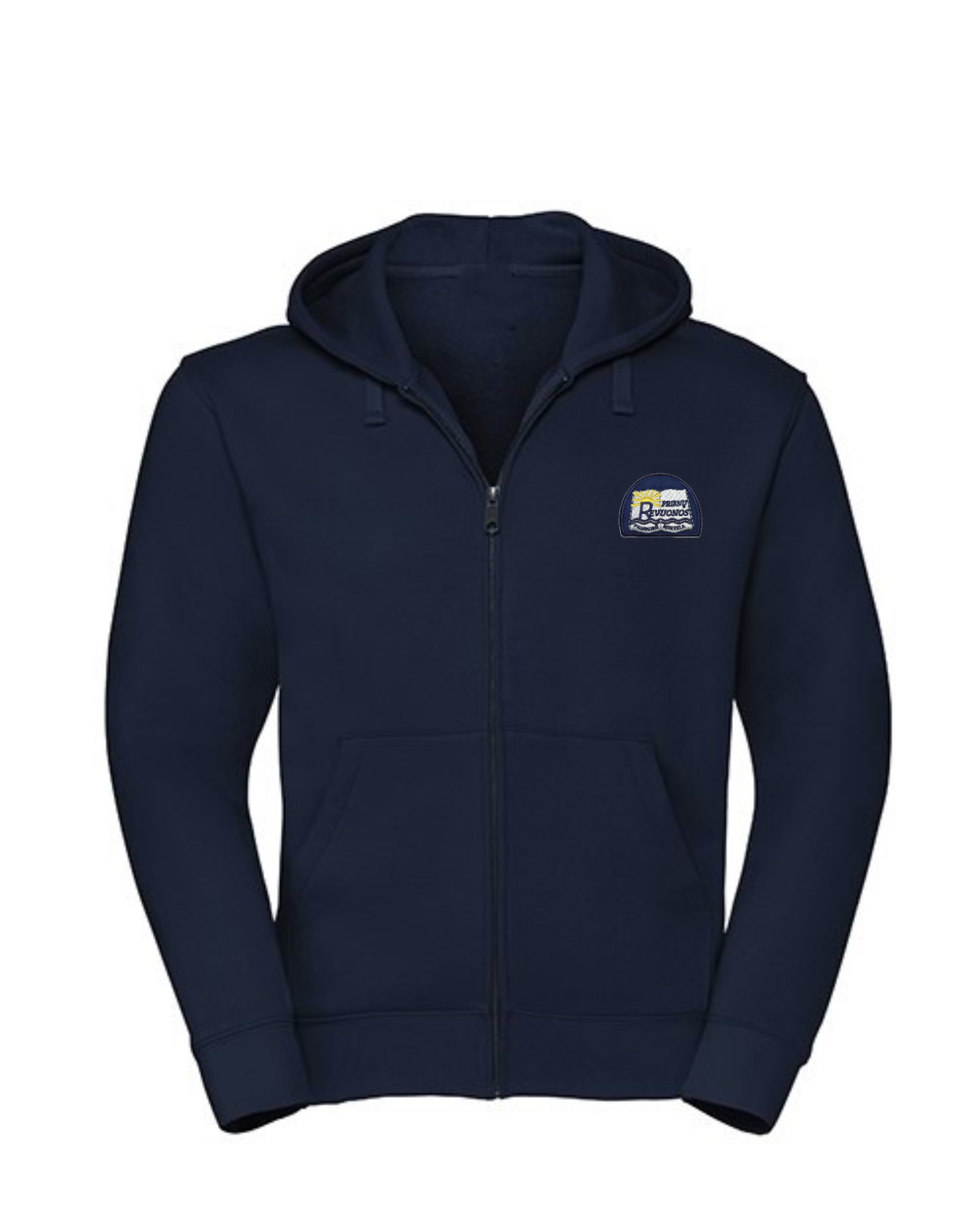 Trikotažinis džemperis su užtrauktuku ir mokyklos emblema