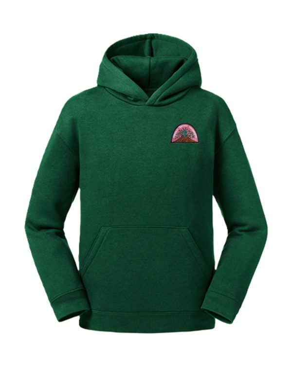 Trikotažinis džemperis su gobtuvu ir mokyklos emblema