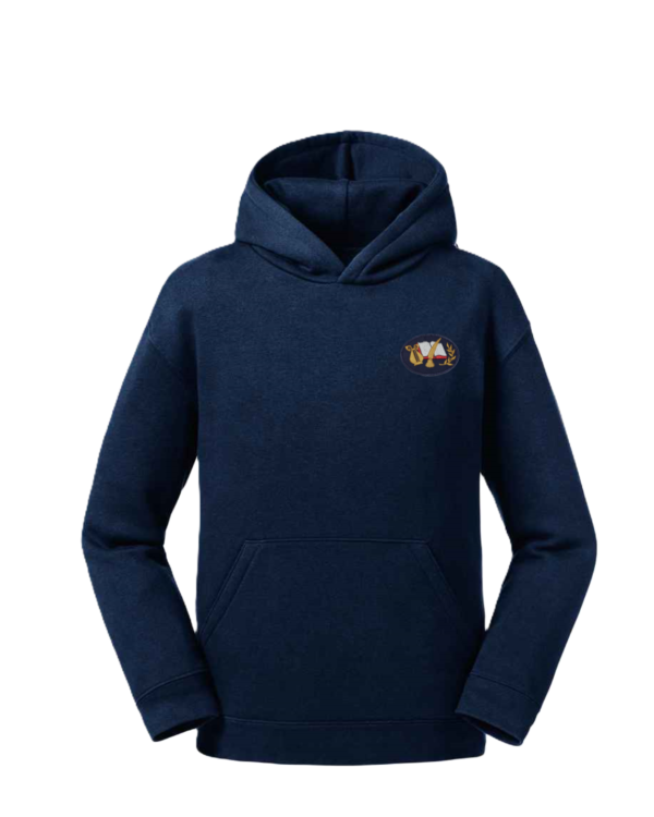 Trikotažinis džemperis su gobtuvu ir mokyklos emblema