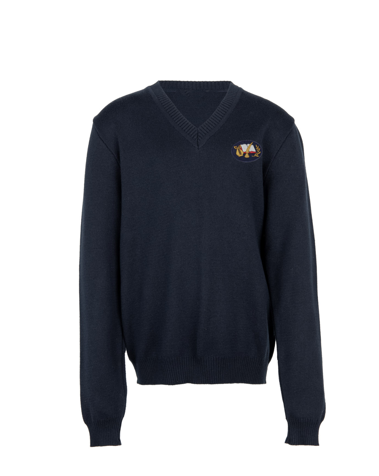 Megztinis V-formos apykakle su mokyklos emblema