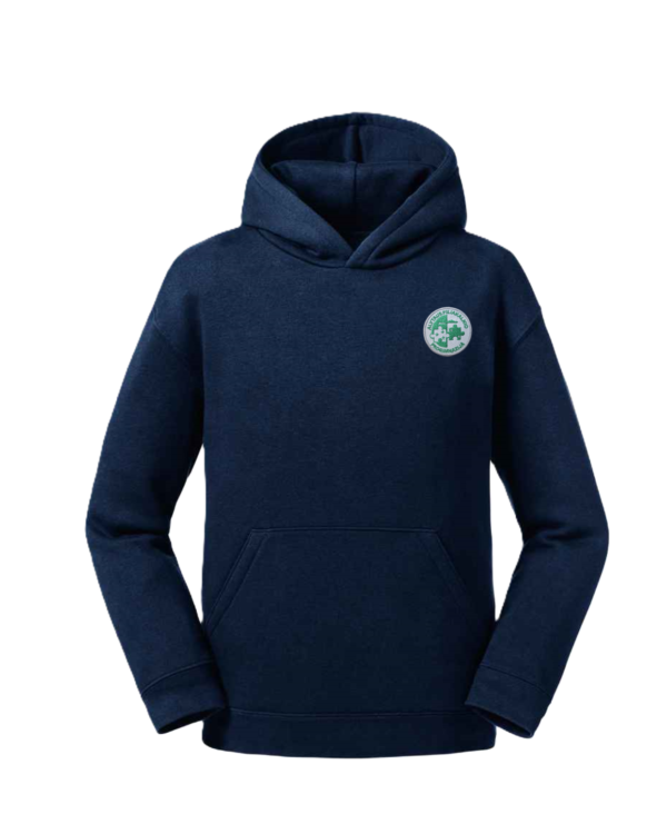 Trikotažinis džemperis su gobtuvu ir mokyklos emblema