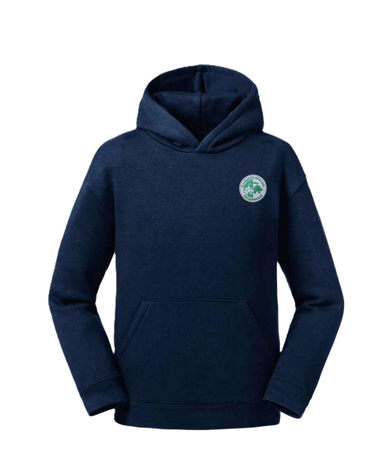 Trikotažinis džemperis su gobtuvu ir mokyklos emblema