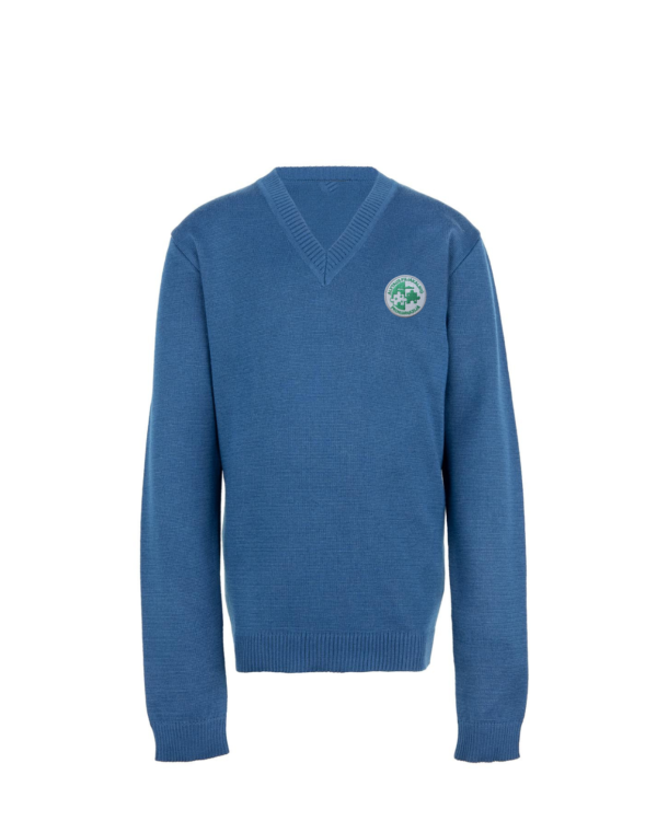 Megztinis V-formos apykakle su mokyklos emblema