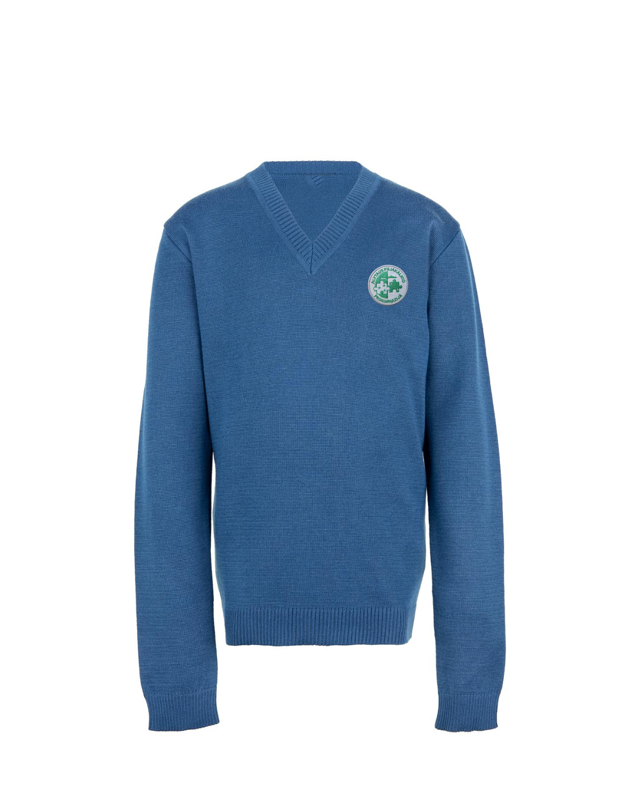 Megztinis V-formos apykakle su mokyklos emblema