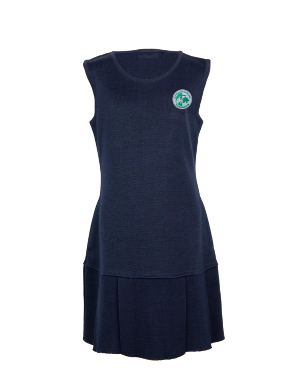 Klostuotas sarafanas su mokyklos emblema