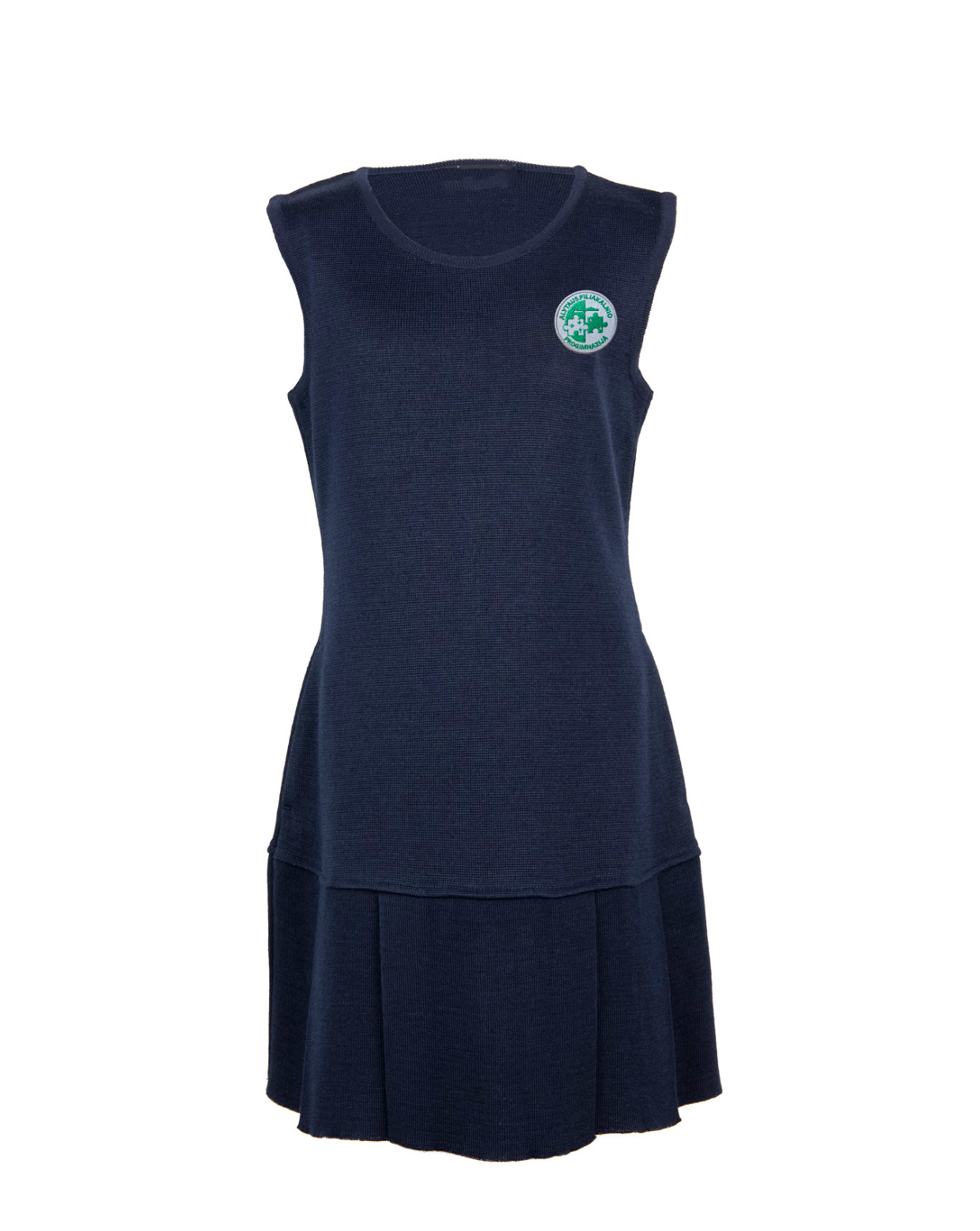 Klostuotas sarafanas su mokyklos emblema