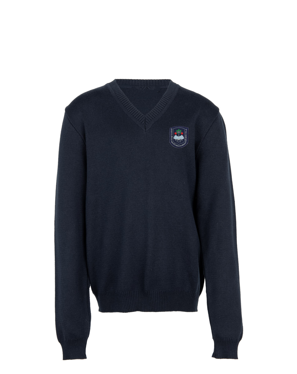 Megztinis V-formos apykakle su mokyklos emblema