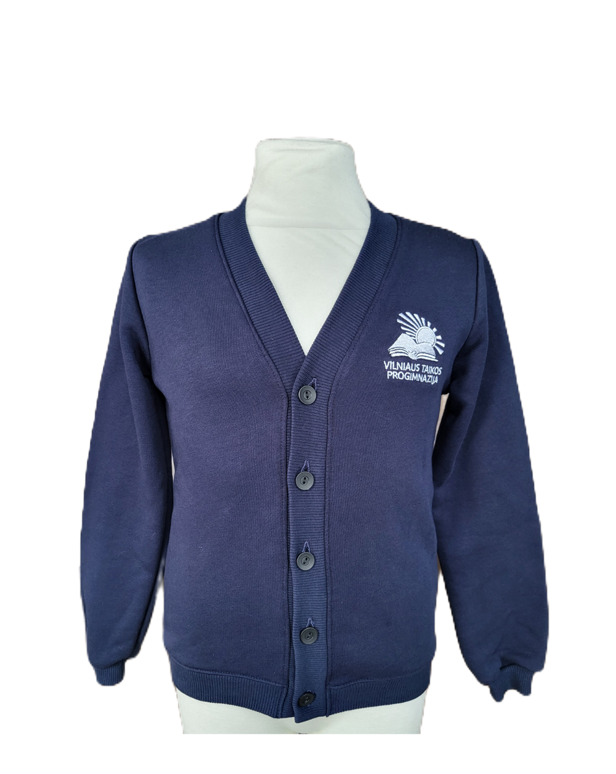 Sportinio stiliaus trikotažinis bliuzonas su sagomis ir mokyklos emblema