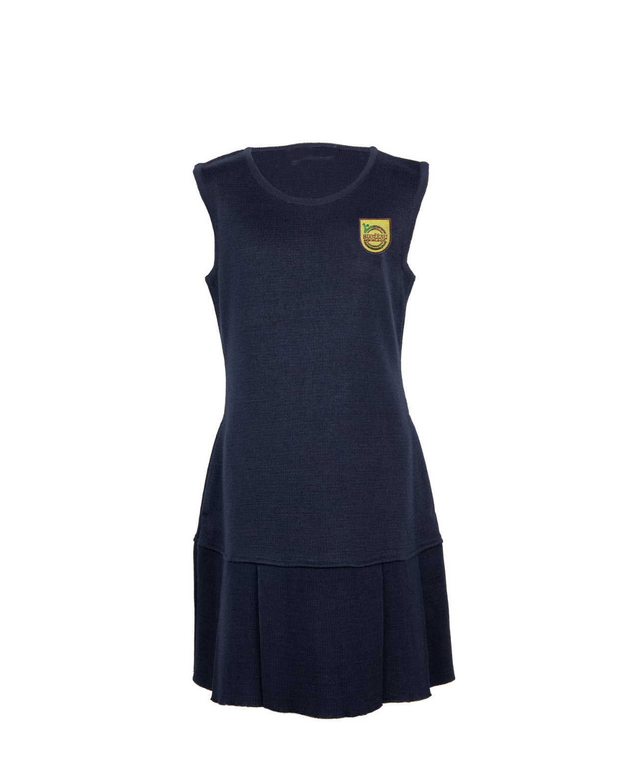 Klostuotas sarafanas su mokyklos emblema