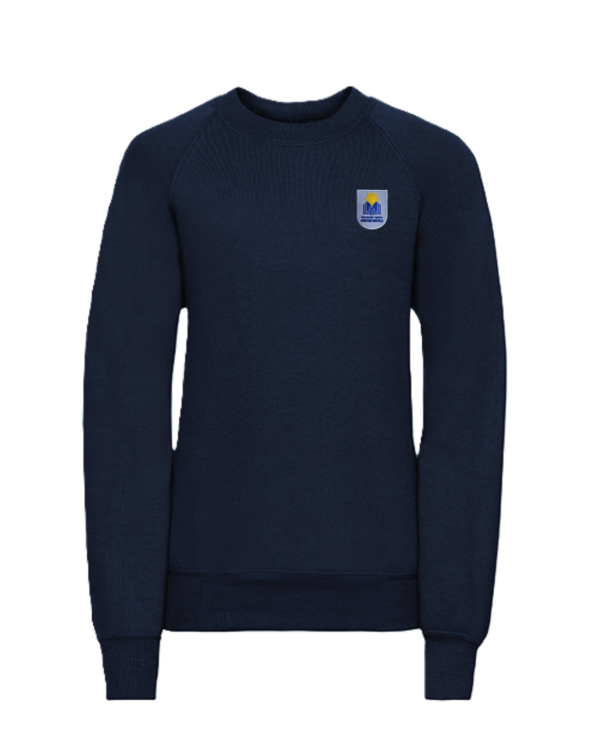 Trikotažinis džemperis be gobtuvo su mokyklos emblema