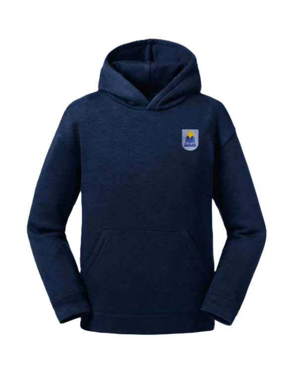 Trikotažinis džemperis su gobtuvu ir mokyklos emblema