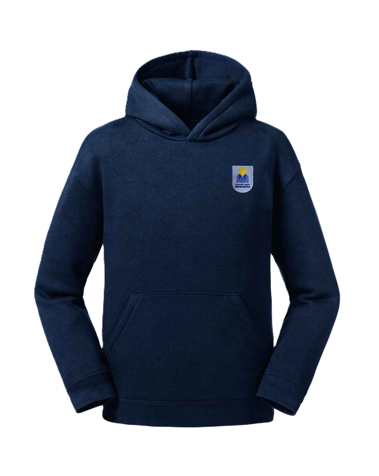 Trikotažinis džemperis su gobtuvu ir mokyklos emblema