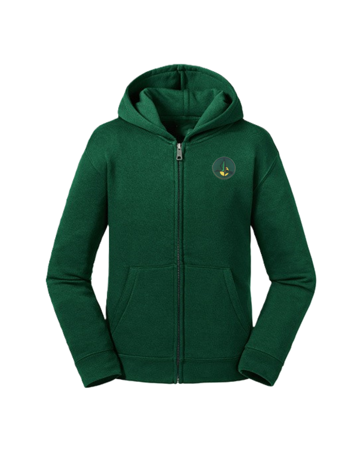 Trikotažinis džemperis su užtrauktuku ir mokyklos emblema