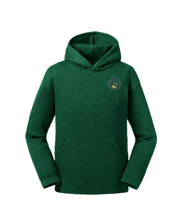 Trikotažinis džemperis su gobtuvu ir mokyklos emblema