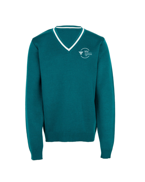 Megztinis V-formos apykakle su mokyklos emblema