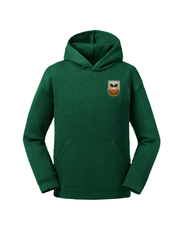 Trikotažinis džemperis su gobtuvu ir mokyklos emblema