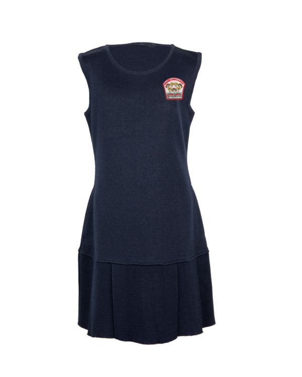 Klostuotas sarafanas su mokyklos emblema