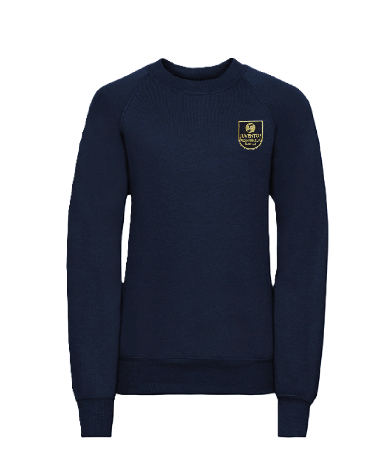 Trikotažinis džemperis be gobtuvo su mokyklos emblema