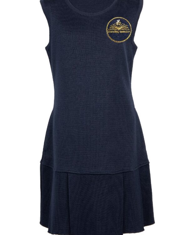 Klostuotas sarafanas su mokyklos emblema