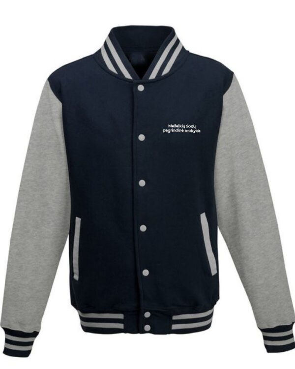 Trikotažinis sportinio tipo džemperis su spaudėmis ir mokyklos emblema