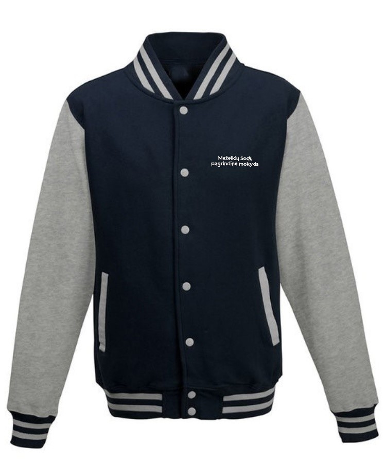 Trikotažinis sportinio tipo džemperis su spaudėmis ir mokyklos emblema