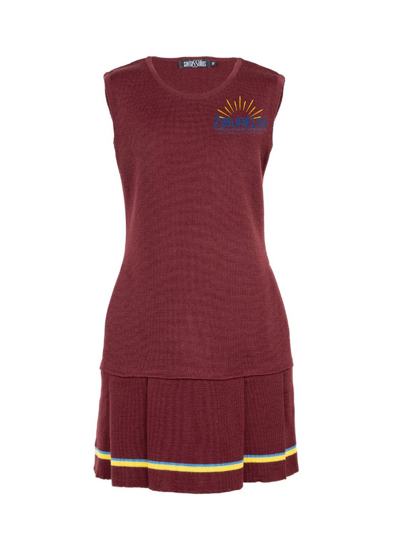 Klostuotas sarafanas su mokyklos emblema