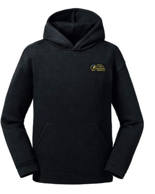 Trikotažinis džemperis su gobtuvu ir mokyklos emblema