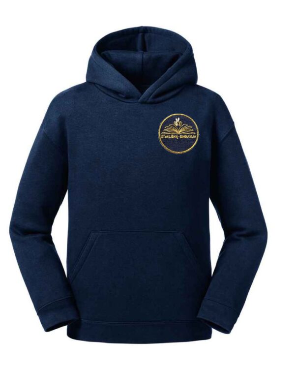 Trikotažinis džemperis su gobtuvu ir mokyklos emblema