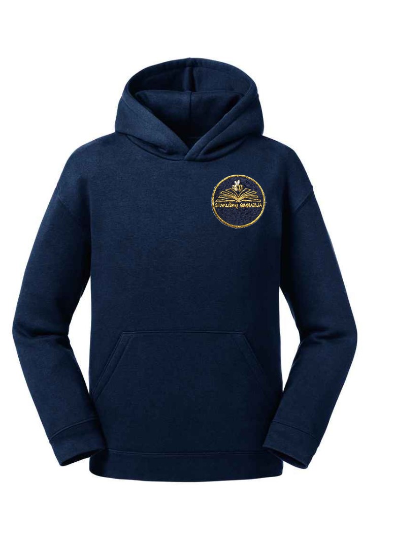 Trikotažinis džemperis su gobtuvu ir mokyklos emblema