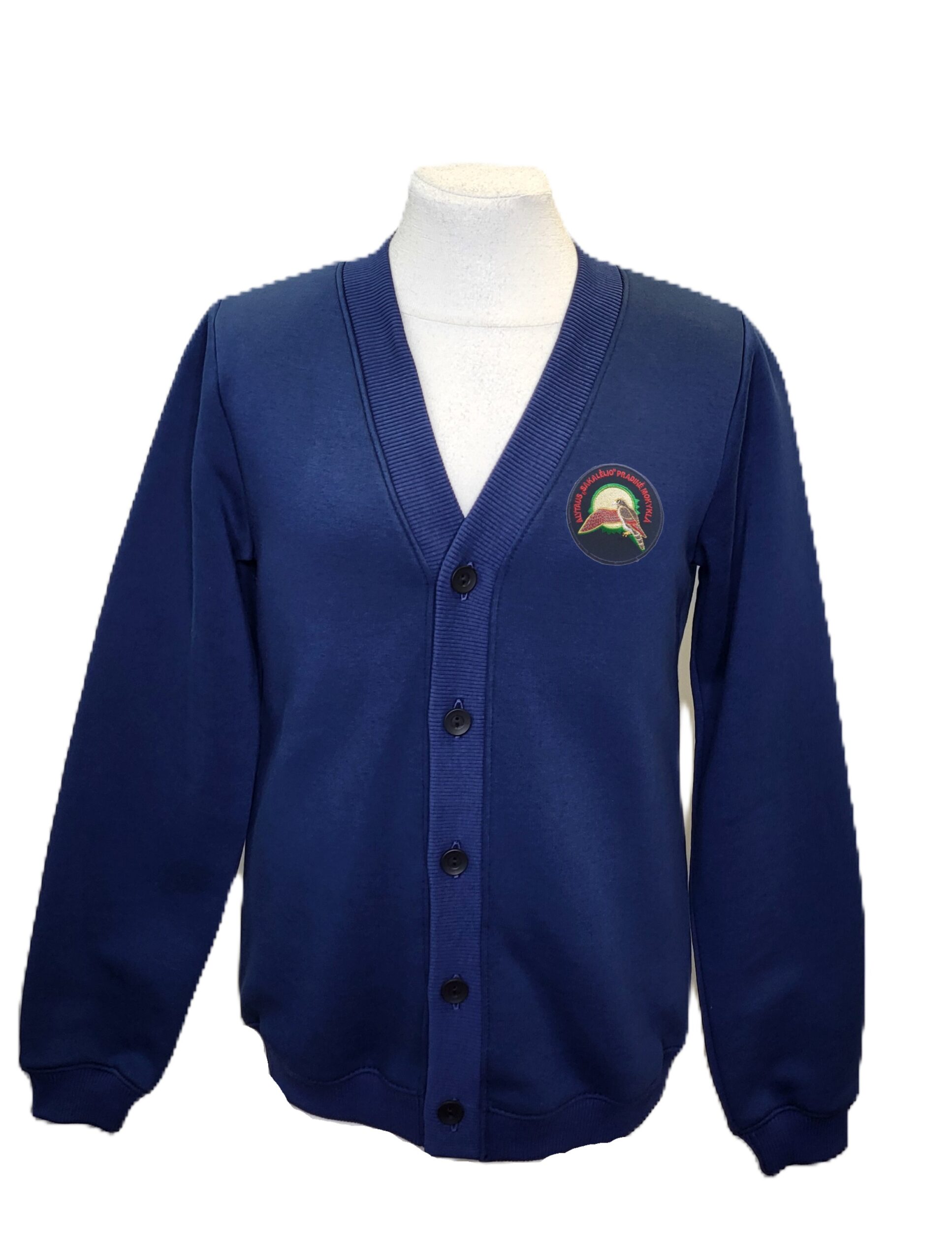 Sportinio stiliaus trikotažinis bliuzonas su sagomis ir mokyklos emblema