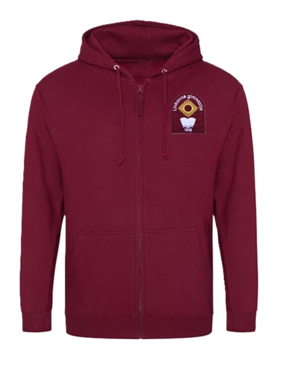 Trikotažinis sportinio tipo džemperis su užtrauktuku ir mokyklos emblema