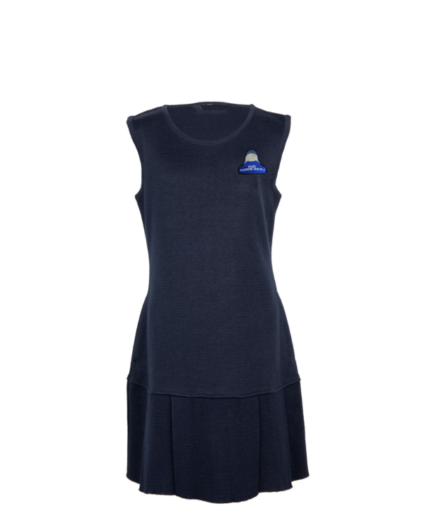 Klostuotas sarafanas su mokyklos emblema