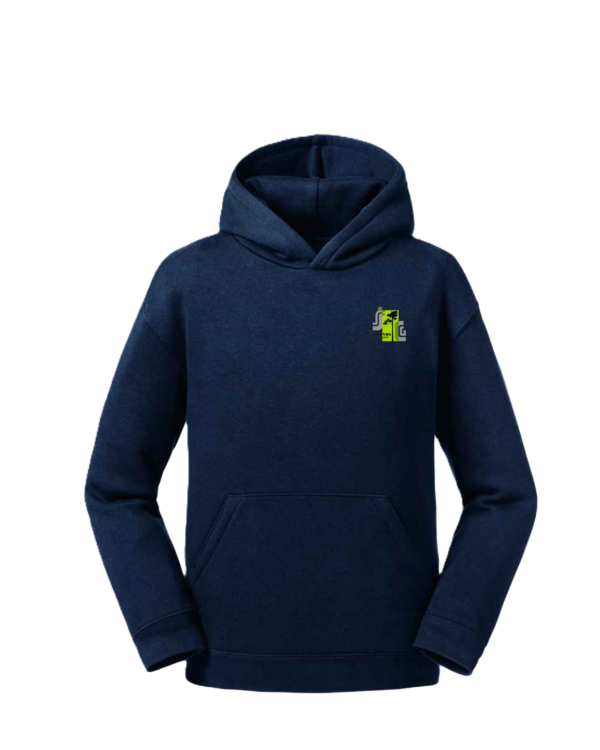 Trikotažinis džemperis su gobtuvu ir mokyklos emblema