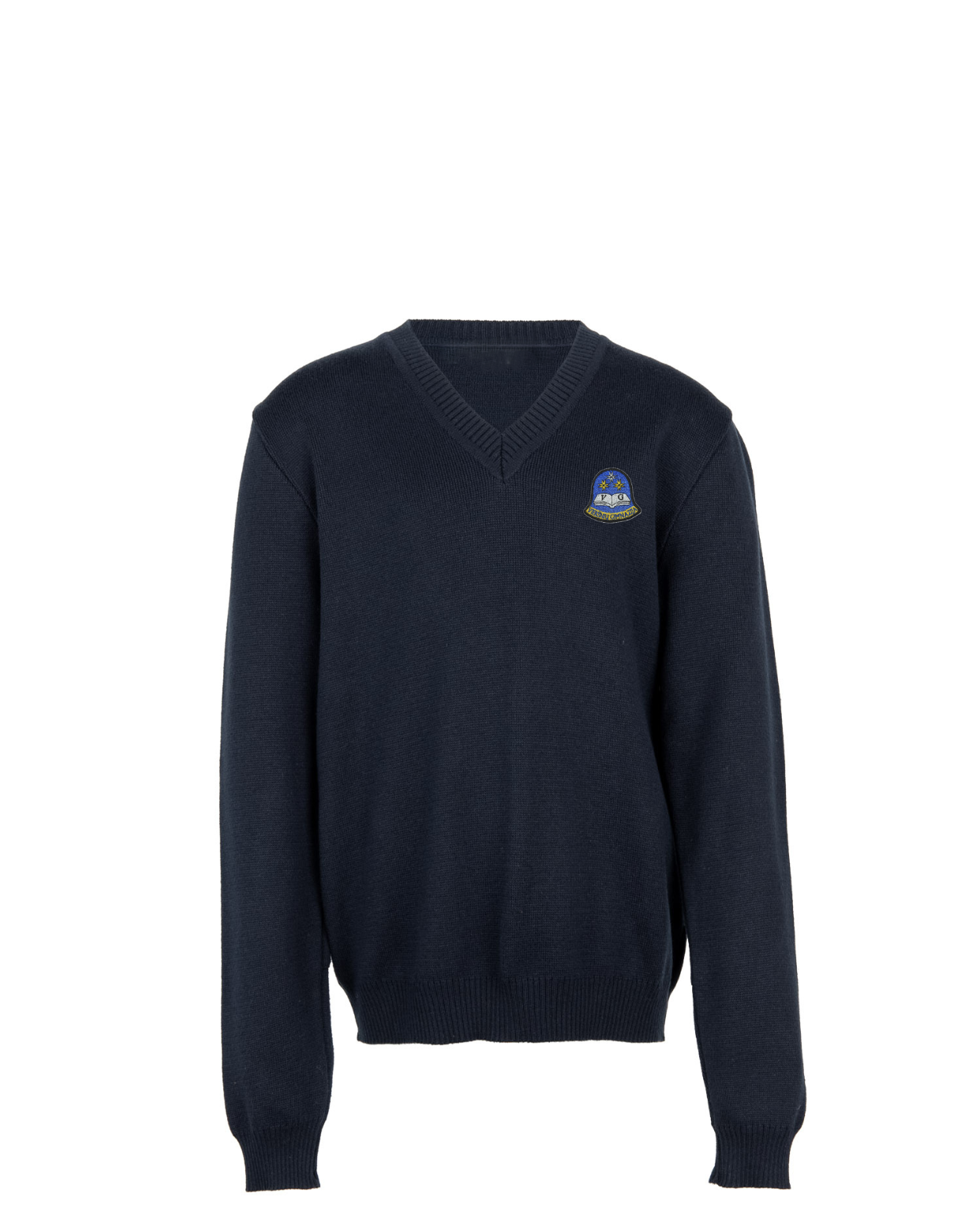 Megztinis V-formos apykakle su mokyklos emblema