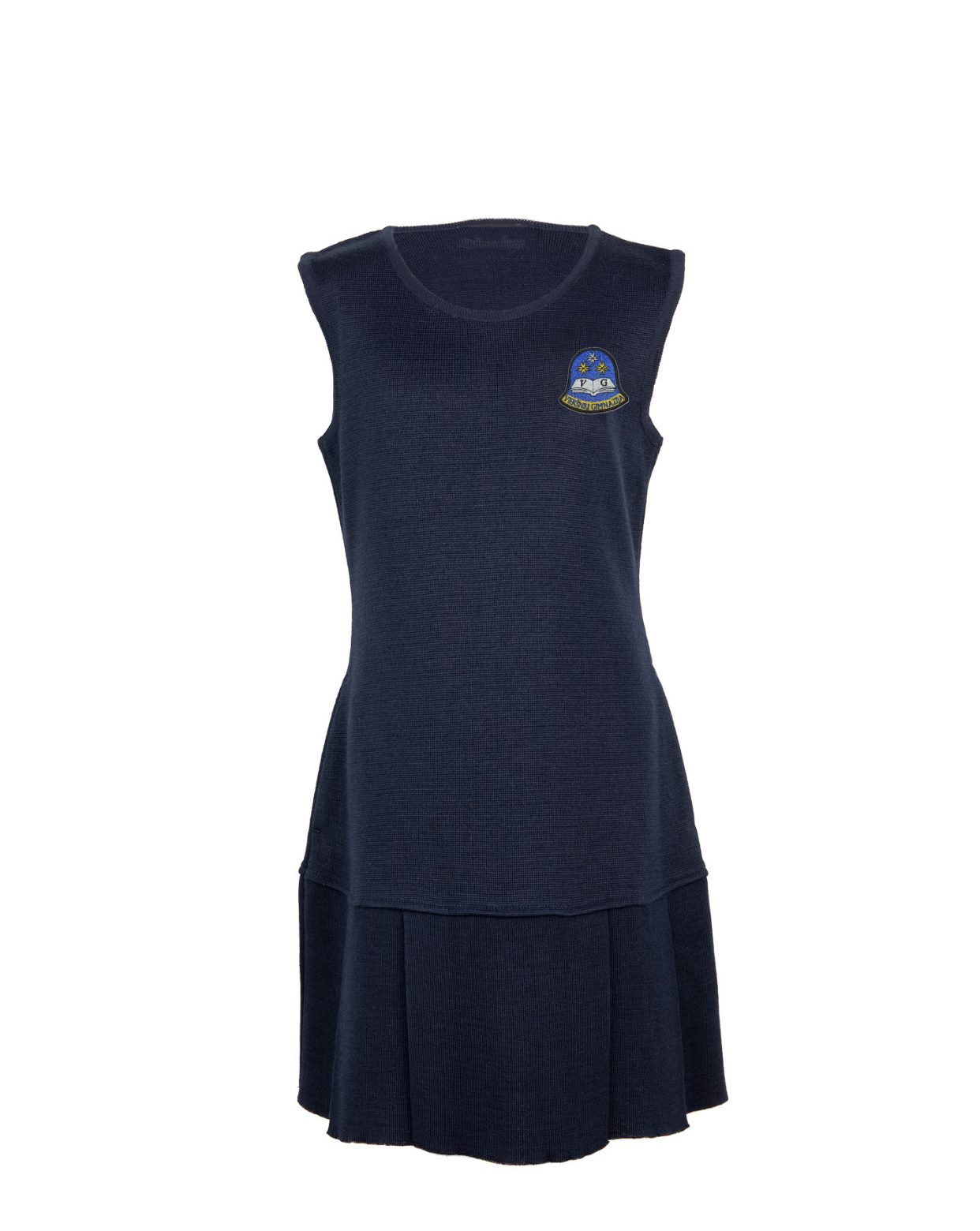 Klostuotas sarafanas su mokyklos emblema
