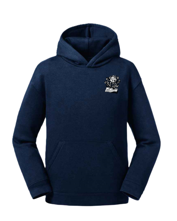 Trikotažinis džemperis su gobtuvu ir mokyklos emblema