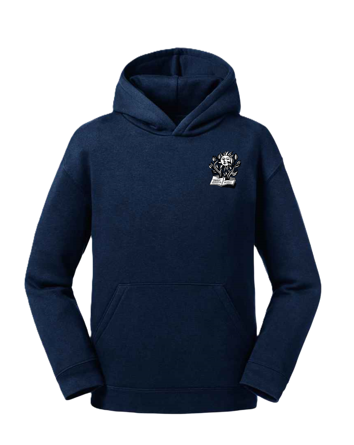 Trikotažinis džemperis su gobtuvu ir mokyklos emblema